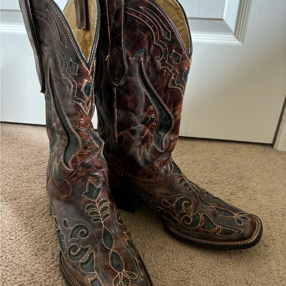 Brown and Teal Western Cowboy Boots